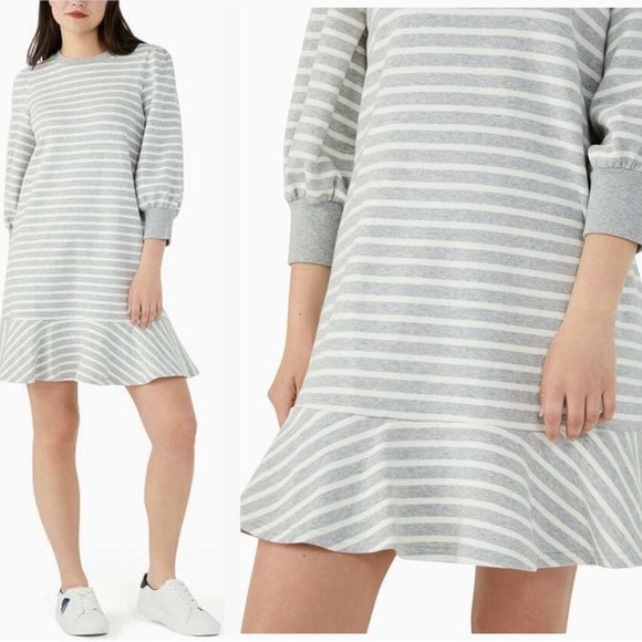 KATE SPADE Sailing Stripe Sweatshirt Dress Ruffle Flounce Sundress Gray